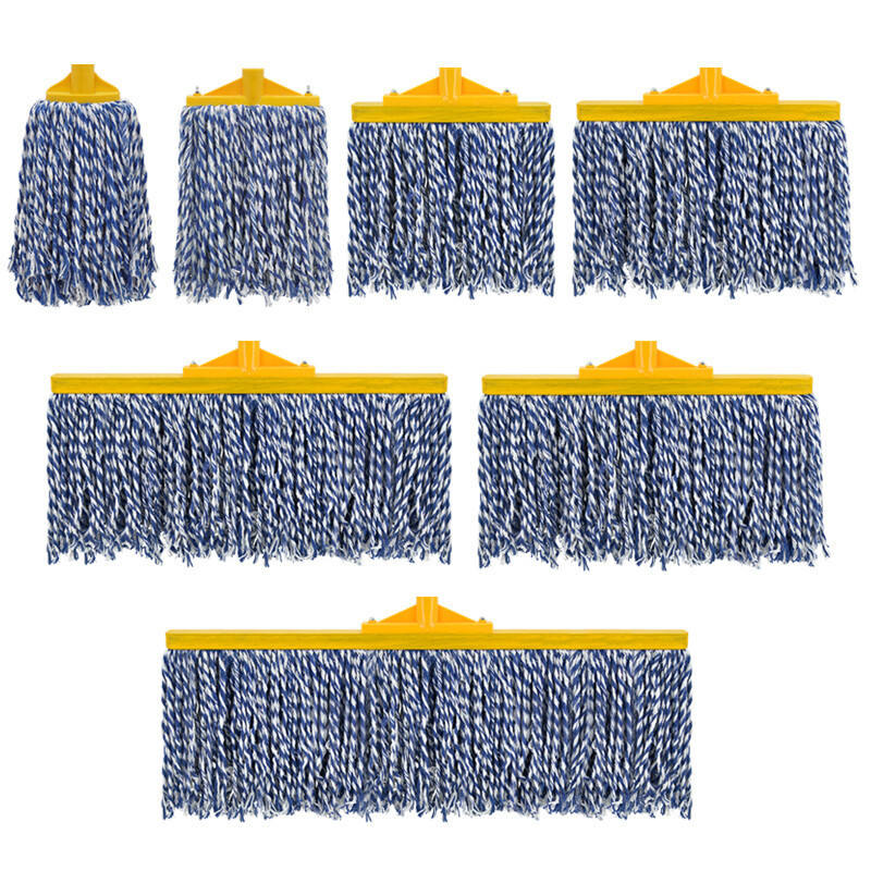 Waarom deze blauw-witte katoenen dweilkop met gele beugel ideaal is voor commerciële reiniging